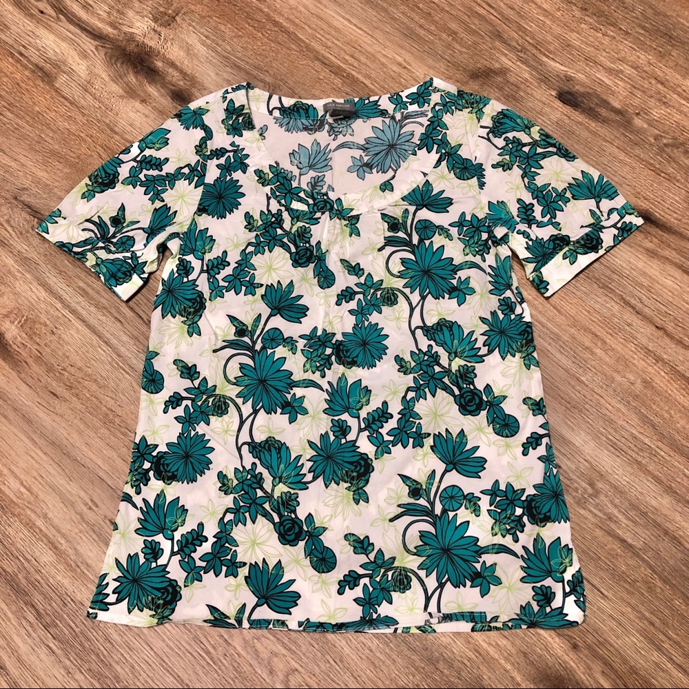 Vtg Y2K Ann Taylor White & Turquoise Floral Print Stretch Shirt Blouse Top 0 XS